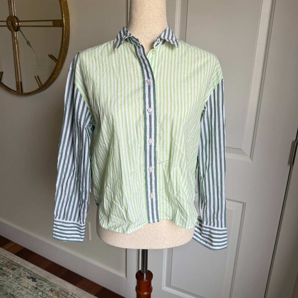 Talbots Poplin Short Shirt - Blooming Stripe Green Size Small Petite 100% cotton - Picture 2 of 8